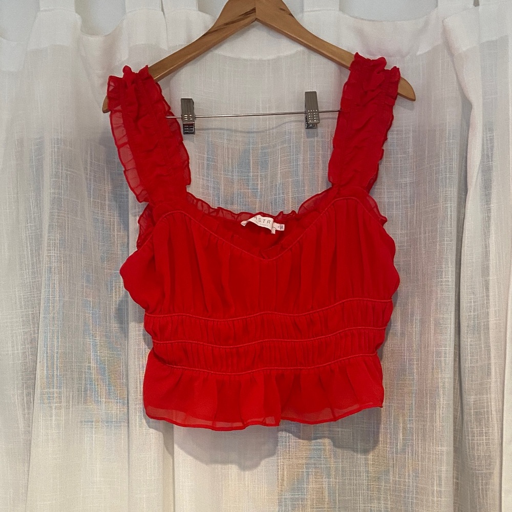 Astr Red Ruffled Sleeveless Crop Top